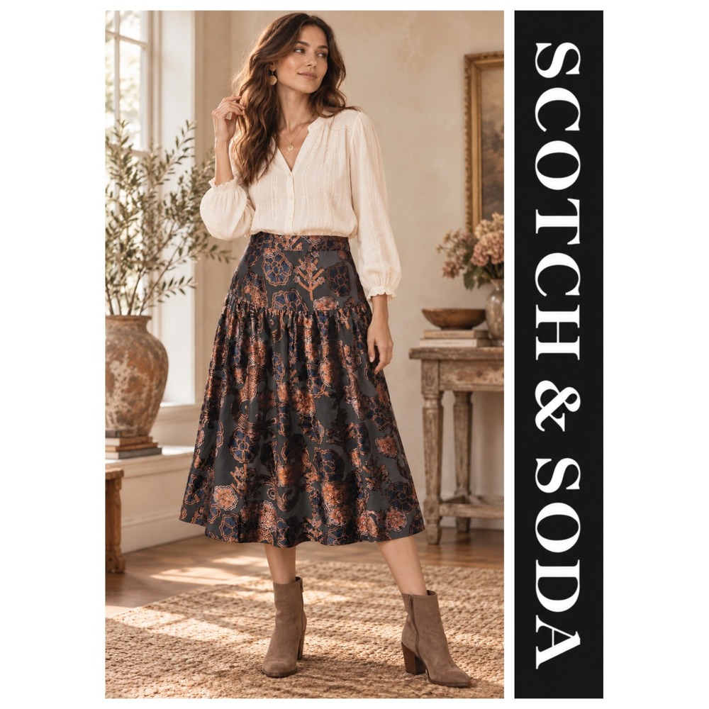 Scotch & Soda by Maison Scotch Black Floral Velvet Burnout Midi Skirt Size L NWT